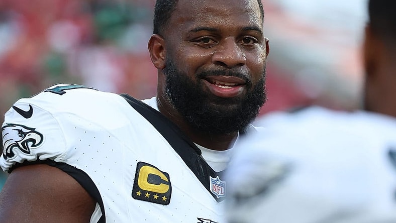 Sep 25, 2023; Tampa, Florida, USA;  Philadelphia Eagles defensive tackle Fletcher Cox (91) prior to the game against the Tampa Bay Buccaneers at Raymond James Stadium. Mandatory Credit: Kim Klement Neitzel-USA TODAY Sports