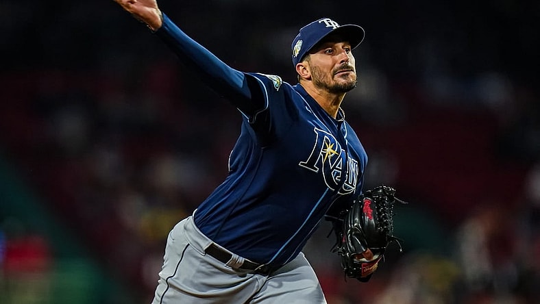 Sep 26, 2023; Boston, Massachusetts, USA; Tampa Bay Rays starting pitcher Zach Eflin (24) throws a pitch against the Boston Red Sox in the first inning at Fenway Park. Mandatory Credit: David Butler II-USA TODAY Sports