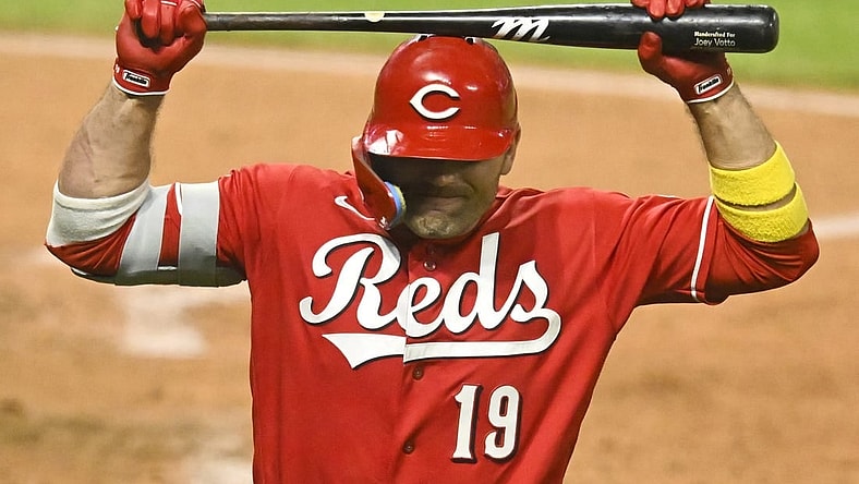 Sep 26, 2023; Cleveland, Ohio, USA; Cincinnati Reds designated hitter Joey Votto (19) reacts after striking out in the sixth inning against the Cleveland Guardians at Progressive Field. Mandatory Credit: David Richard-USA TODAY Sports