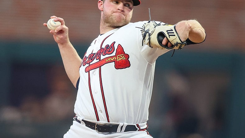 Sep 26, 2023; Atlanta, Georgia, USA; Atlanta Braves starting pitcher Bryce Elder (55) throws against the Chicago Cubs in the first inning at Truist Park. Mandatory Credit: Brett Davis-USA TODAY Sports