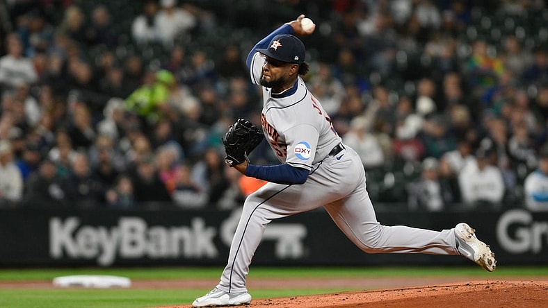 Sep 26, 2023; Seattle, Washington, USA; Houston Astros starting pitcher Cristian Javier (53) pitches to the Seattle Mariners during the first inning at T-Mobile Park. Mandatory Credit: Steven Bisig-USA TODAY Sports