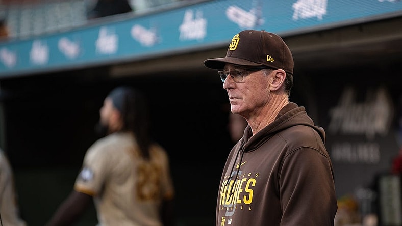 Sep 26, 2023; San Francisco, California, USA; San Diego Padres manager Bob Melvin (3) looks on before the game against the San Francisco Giants at Oracle Park. Mandatory Credit: Ed Szczepanski-USA TODAY Sports