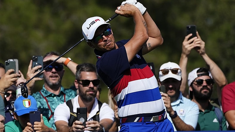Sep 27, 2023; Rome, ITA; Team USA golfer Rickie Fowler tees off on six during a practice day for the Ryder Cup golf competition at Marco Simone Golf and Country Club. Mandatory Credit: Adam Cairns-USA TODAY Sports