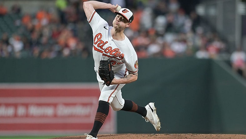 Sep 26, 2023; Baltimore, Maryland, USA;  Baltimore Orioles starting pitcher Kyle Bradish (39) throws a first inning pitch against the Washington Nationals at Oriole Park at Camden Yards. Mandatory Credit: Tommy Gilligan-USA TODAY Sports