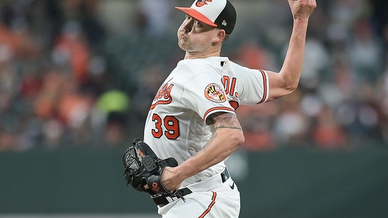 Sep 26, 2023; Baltimore, Maryland, USA;  Baltimore Orioles starting pitcher Kyle Bradish (39) throws a first inning pitch Washington Nationals at Oriole Park at Camden Yards. Mandatory Credit: Tommy Gilligan-USA TODAY Sports
