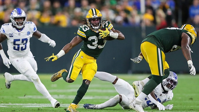 Green Bay Packers running back Aaron Jones (33) runs the ball against the Detroit Lions during their football game on Thursday, September 28, 2023, at Lambeau Field in Green Bay, Wis. The Lions won the game, 34-20.
Tork Mason/USA TODAY NETWORK-Wisconsin