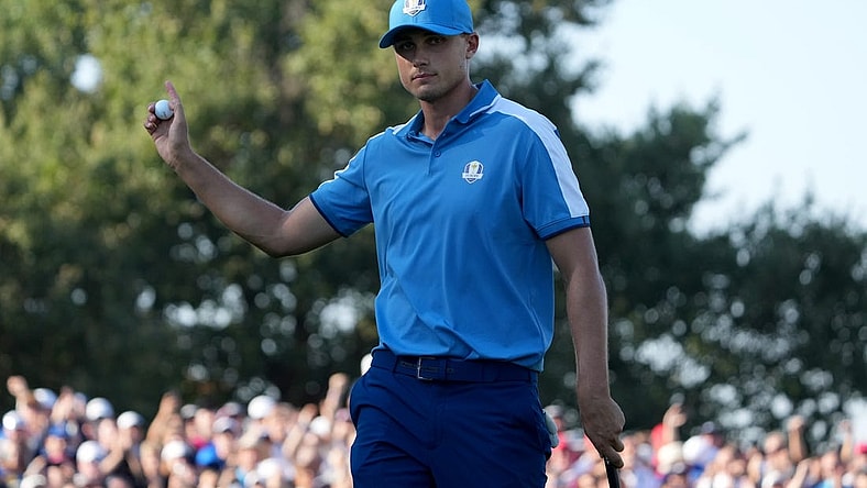 Sep 29, 2023; Rome, ITA; Team Europe golfer Ludvig Aberg celebrates after making his putt on the ninth green during day one foursomes round for the 44th Ryder Cup golf competition at Marco Simone Golf and Country Club. Mandatory Credit: Kyle Terada-USA TODAY Sports