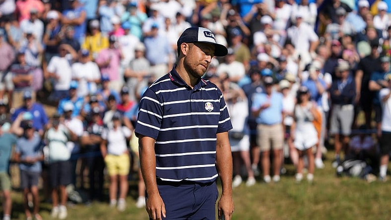 Sep 29, 2023; Rome, ITA; Team USA golfer Xander Schauffele reacts to his missed putt on the seventeenth green during day one foursomes round for the 44th Ryder Cup golf competition at Marco Simone Golf and Country Club. Mandatory Credit: Adam Cairns-USA TODAY Sports