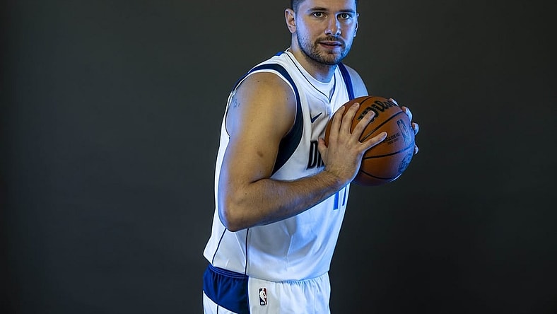 Sep 29, 2023; Dallas, TX, USA; Dallas Mavericks guard Luka Doncic (77) poses for a photo during the Mavs Media Day at the American Airlines Center. Mandatory Credit: Jerome Miron-USA TODAY Sports