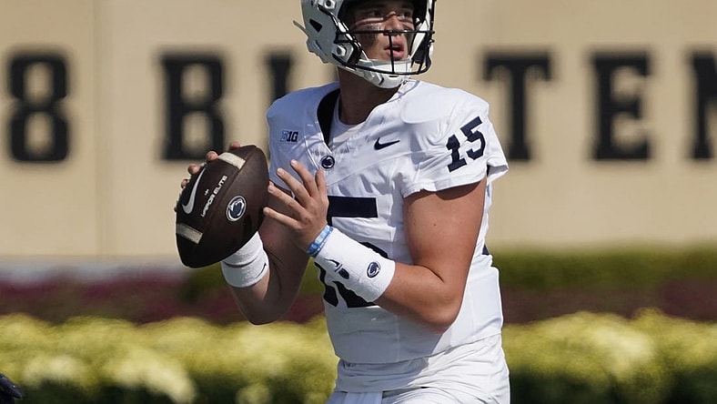 Sep 30, 2023; Evanston, Illinois, USA; Penn State Nittany Lions quarterback Drew Allar (15) passes against the Northwestern Wildcats during the first half at Ryan Field. Mandatory Credit: David Banks-USA TODAY Sports