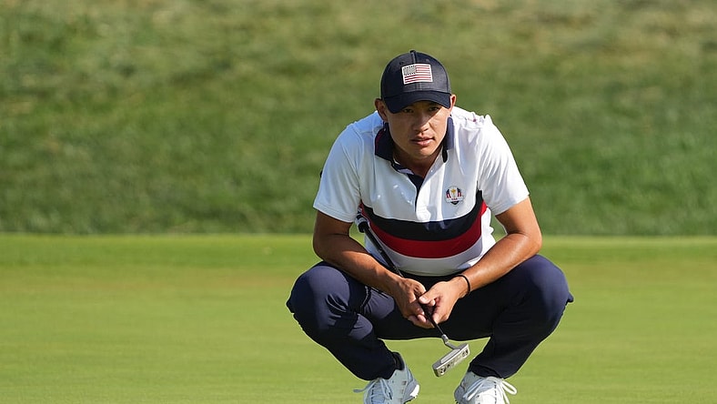 Sep 30, 2023; Rome, ITALY;  Team USA golfer Collin Morikawa lines up a putt on the 15th green during day two fourballs round for the 44th Ryder Cup golf competition at Marco Simone Golf and Country Club. Mandatory Credit: Kyle Terada-USA TODAY Sports