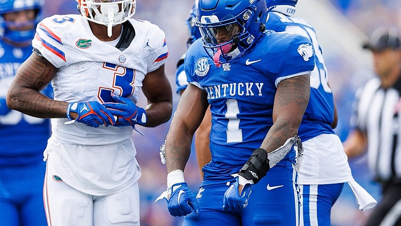 Sep 30, 2023; Lexington, Kentucky, USA; Kentucky Wildcats running back Ray Davis (1) celebrates during the fourth quarter against the Florida Gators at Kroger Field. Mandatory Credit: Jordan Prather-USA TODAY Sports