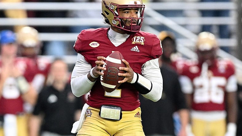 Sep 30, 2023; Chestnut Hill, Massachusetts, USA; Boston College Eagles quarterback Thomas Castellanos (1) looks to pass against the Virginia Cavaliers during the second half at Alumni Stadium. Mandatory Credit: Brian Fluharty-USA TODAY Sports