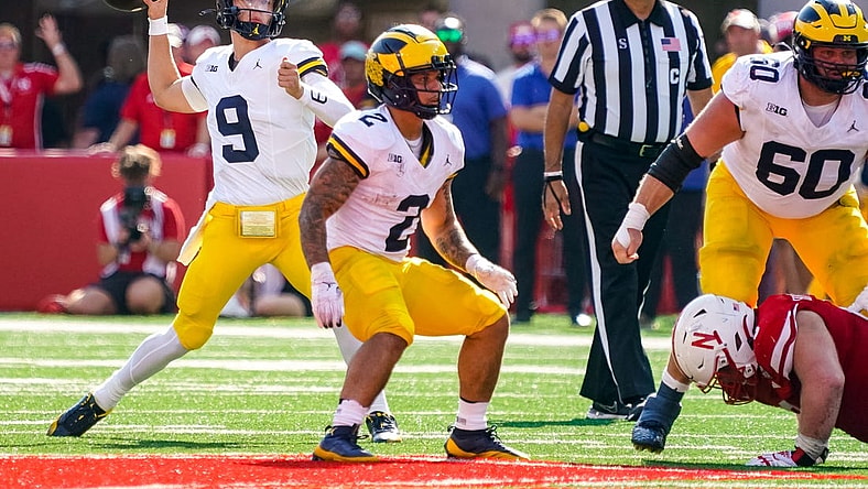 Sep 30, 2023; Lincoln, Nebraska, USA; Michigan Wolverines quarterback J.J. McCarthy (9) passes against the Nebraska Cornhuskers during the second quarter at Memorial Stadium. Mandatory Credit: Dylan Widger-USA TODAY Sports