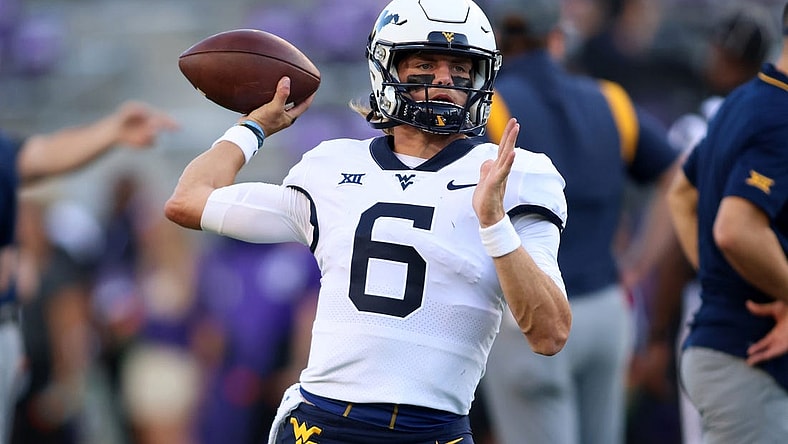 Sep 30, 2023; Fort Worth, Texas, USA; West Virginia Mountaineers quarterback Garrett Greene (6) throws a pass before the game against the TCU Horned Frogs at Amon G. Carter Stadium. Mandatory Credit: Tim Heitman-USA TODAY Sports
