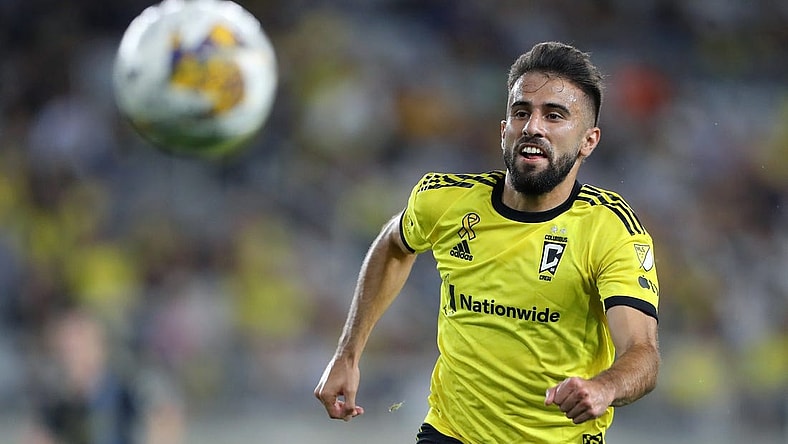 Sep 30, 2023; Columbus, Ohio, USA;  Columbus Crew forward Diego Rossi (10) chases down the ball during the first half against the Philadelphia Union at Lower.com Field. Mandatory Credit: Joseph Maiorana-USA TODAY Sports