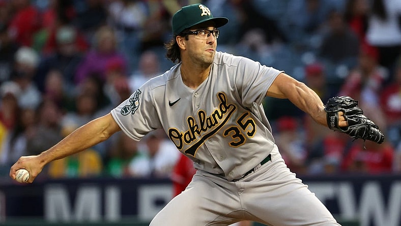 Sep 30, 2023; Anaheim, California, USA; Oakland Athletics starting pitcher Joe Boyle (35) pitches during the first inning against the Los Angeles Angels at Angel Stadium. Mandatory Credit: Kiyoshi Mio-USA TODAY Sports