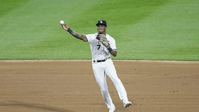 Sep 30, 2023; Chicago, Illinois, USA; Chicago White Sox shortstop Tim Anderson (7) throws to first base for a San Diego Padres out during the sixth inning at Guaranteed Rate Field. Mandatory Credit: Kamil Krzaczynski-USA TODAY Sports