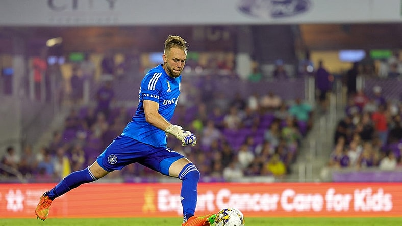 Sep 30, 2023; Orlando, Florida, USA;  CF Montreal goalkeeper Jonathan Sirois (40) puts the ball in play against Orlando City SC in the first half at Exploria Stadium. Mandatory Credit: Nathan Ray Seebeck-USA TODAY Sports