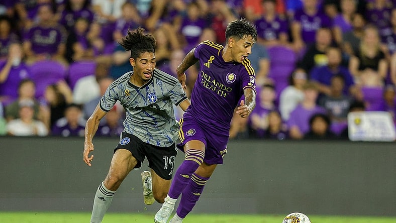 Sep 30, 2023; Orlando, Florida, USA;  Orlando City SC forward Facundo Torres (17) controls the ball from CF Montreal midfielder Nathan-Dylan Saliba (19) in the second half at Exploria Stadium. Mandatory Credit: Nathan Ray Seebeck-USA TODAY Sports