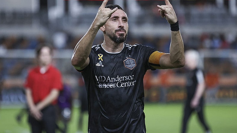 Sep 30, 2023; Houston, Texas, USA; Houston Dynamo FC midfielder Hector Herrera (16) reacts after the match against the FC Dallas at Shell Energy Stadium. Mandatory Credit: Troy Taormina-USA TODAY Sports