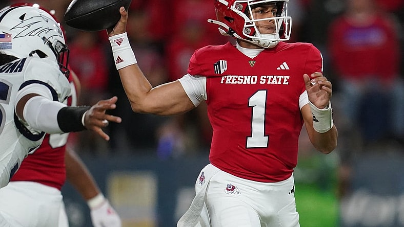 Sep 30, 2023; Fresno, California, USA; Fresno State Bulldogs quarterback Mikey Keene (1) throws a pass against the Nevada Wolf Pack in the first quarter at Valley Children's Stadium. Mandatory Credit: Cary Edmondson-USA TODAY Sports