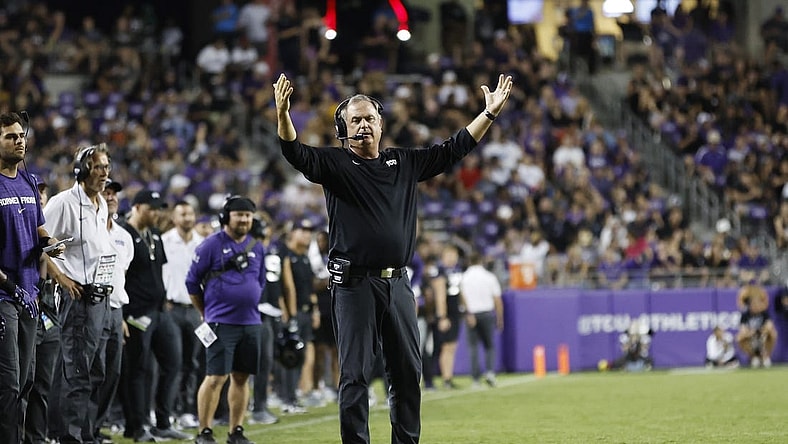 Sep 30, 2023; Fort Worth, Texas, USA; TCU Horned Frogs head coach Sonny Dykes reacts to a call in the third quarter against the West Virginia Mountaineers  at Amon G. Carter Stadium. Mandatory Credit: Tim Heitman-USA TODAY Sports