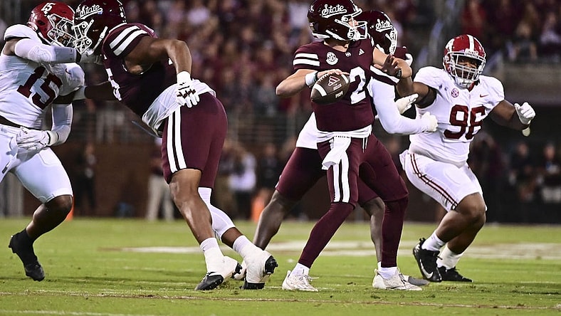 Sep 30, 2023; Starkville, Mississippi, USA; Mississippi State Bulldogs quarterback Will Rogers (2) passes against the Alabama Crimson Tide during the second half at Davis Wade Stadium at Scott Field. Mandatory Credit: Matt Bush-USA TODAY Sports