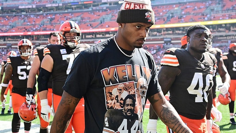 Oct 1, 2023; Cleveland, Ohio, USA; Cleveland Browns quarterback Deshaun Watson (4) walks off the field after warm ups before the game between the Browns and the Baltimore Ravens at Cleveland Browns Stadium. Mandatory Credit: Ken Blaze-USA TODAY Sports