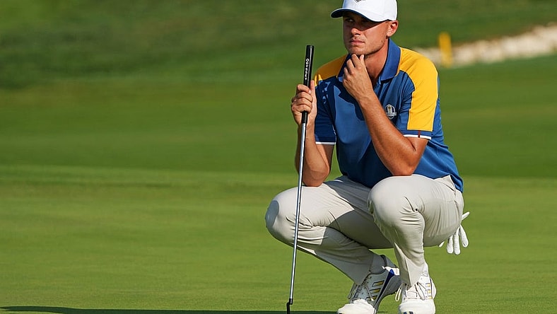 Oct 1, 2023; Rome, ITA; Team Europe golfer Ludvig Aberg lines up his putt on the 16th green during the final day of the 44th Ryder Cup golf competition at Marco Simone Golf and Country Club. Mandatory Credit: Kyle Terada-USA TODAY Sports