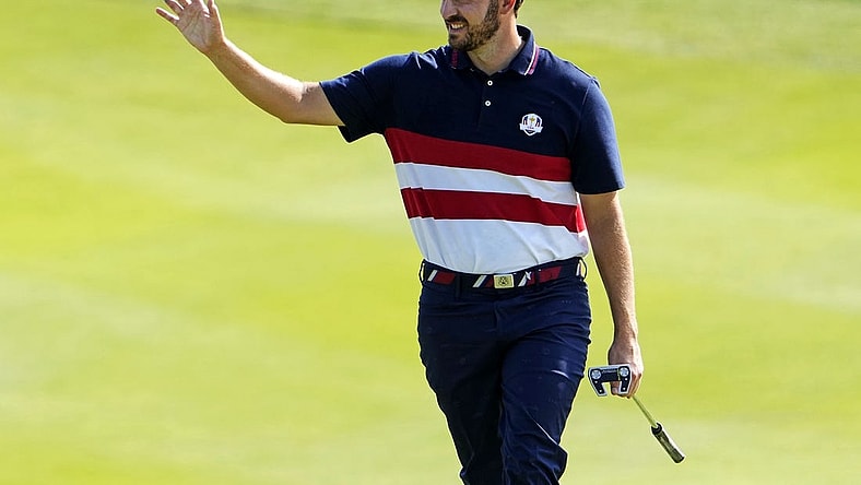 Oct 1, 2023; Rome, ITA; Team USA golfer Patrick Cantlay waves to the gallery on the 12th hole during the final day of the 44th Ryder Cup golf competition at Marco Simone Golf and Country Club. Mandatory Credit: Adam Cairns-USA TODAY Sports