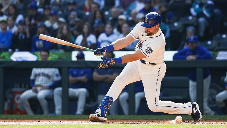 Oct 1, 2023; Seattle, Washington, USA; Seattle Mariners catcher Cal Raleigh (29) strikes out against the Texas Rangers to end the first inning at T-Mobile Park. Mandatory Credit: Joe Nicholson-USA TODAY Sports