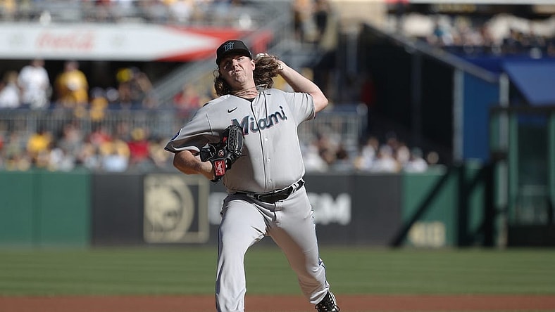 Oct 1, 2023; Pittsburgh, Pennsylvania, USA;  Miami Marlins starting pitcher Ryan Weathers (60) delivers a pitch against the Pittsburgh Pirates during the first inning at PNC Park. Mandatory Credit: Charles LeClaire-USA TODAY Sports