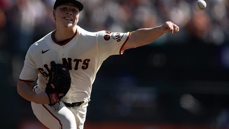 Oct 1, 2023; San Francisco, California, USA; San Francisco Giants starting pitcher Kyle Harrison (45) delivers a pitch against the Los Angeles Dodgers during the first inning at Oracle Park. Mandatory Credit: D. Ross Cameron-USA TODAY Sports
