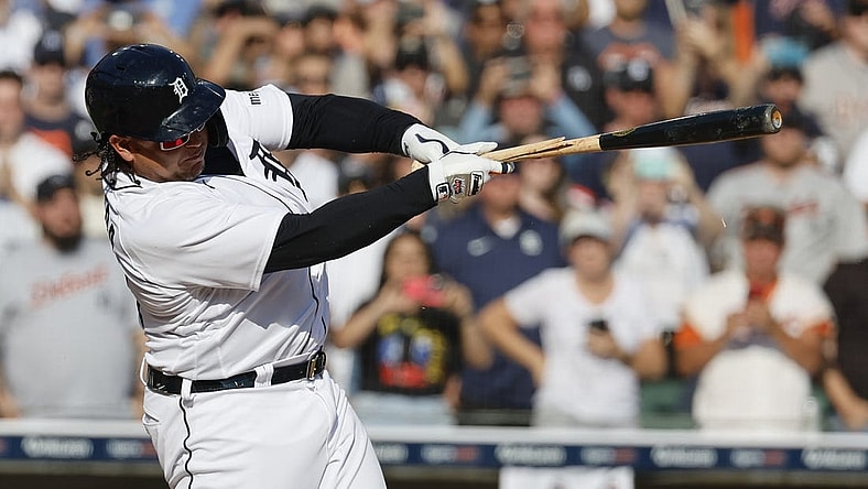 Oct 1, 2023; Detroit, Michigan, USA;  Detroit Tigers designated hitter Miguel Cabrera (24) breaks his bat flying out in the fourth inning against the Cleveland Guardians at Comerica Park. Mandatory Credit: Rick Osentoski-USA TODAY Sports