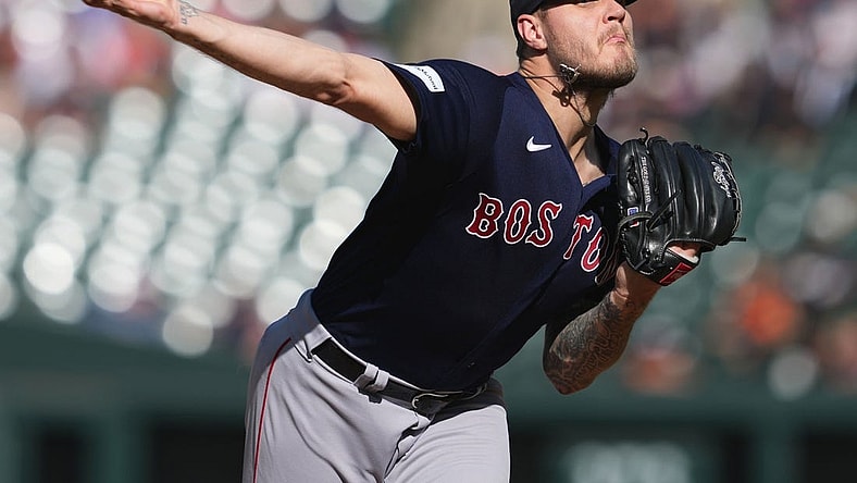 Oct 1, 2023; Baltimore, Maryland, USA; Boston Red Sox pitcher Tanner Houck (89) delivers in the first inning against the Baltimore Orioles at Oriole Park at Camden Yards. Mandatory Credit: Mitch Stringer-USA TODAY Sports