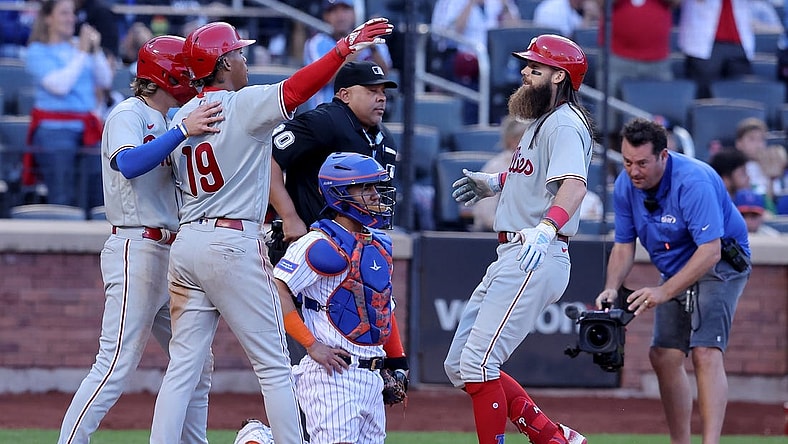 Oct 1, 2023; New York City, New York, USA; Philadelphia Phillies left fielder Brandon Marsh (16) celebrates his three run home run against the New York Mets with left fielder Cristian Pache (19) and second baseman Bryson Stott (5) during the ninth inning at Citi Field. Mandatory Credit: Brad Penner-USA TODAY Sports