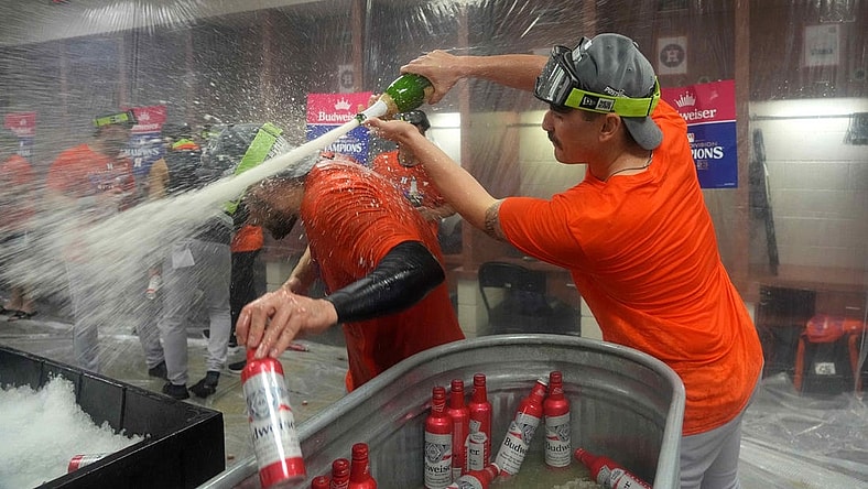 Oct 1, 2023; Phoenix, Arizona, USA; Houston Astros pitcher JP France celebrates after clinching the American League west division with their victory over the Arizona Diamondbacks at Chase Field. Mandatory Credit: Joe Camporeale-USA TODAY Sports