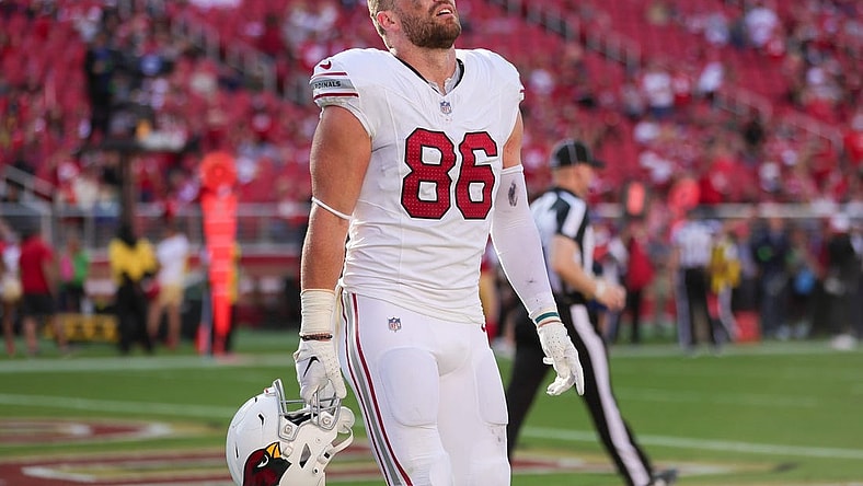 Oct 1, 2023; Santa Clara, California, USA; Arizona Cardinals tight end Zach Ertz (86) reacts after the game against the San Francisco 49ers at Levi's Stadium. Mandatory Credit: Sergio Estrada-USA TODAY Sports