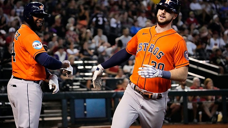 Oct 1, 2023; Phoenix, AZ, USA; Houston Astros Kyle Tucker (30) hits an inside-the-park home run against the Arizona Diamondbacks in the fifth inning at Chase Field. Mandatory Credit: Rob Schumacher-Arizona Republic