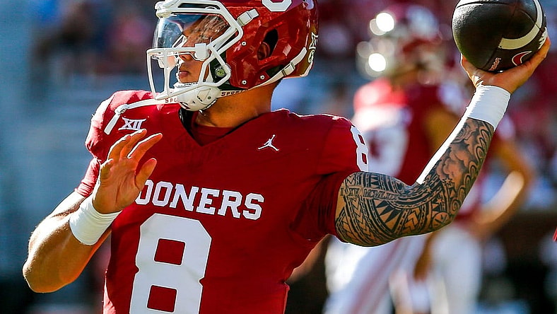 Oklahoma's Dillon Gabriel (8) warms up before an NCAA football game between University of Oklahoma (OU) and Iowa State at the Gaylord Family Oklahoma Memorial Stadium in Norman, Okla., on Saturday, Sept. 30, 2023.