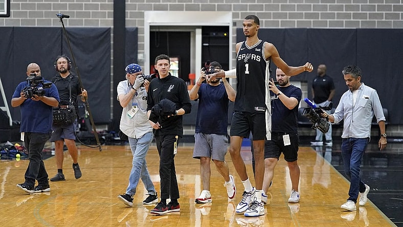 San Antonio Spurs center Victor Wembanyama (1) enters the court during media day in San Antonio. Mandatory Credit: Scott Wachter-USA TODAY Sports
