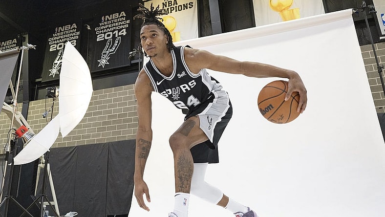 Oct 2, 2023; San Antonio, TX, USA; San Antonio Spurs guard Devin Vassell (24) poses for photos during media day in San Antonio. Mandatory Credit: Scott Wachter-USA TODAY Sports