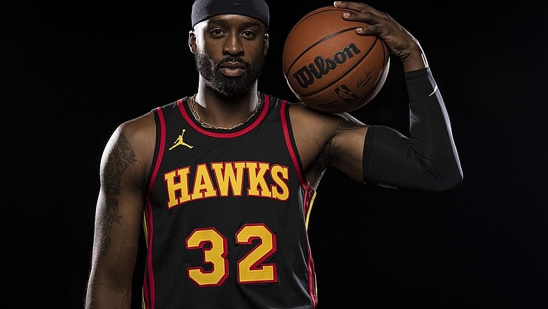 Oct 2, 2023; Atlanta, GA, USA; Atlanta Hawks guard Wesley Matthews (32) photographed during Hawks Media Day. Mandatory Credit: Dale Zanine-USA TODAY Sports