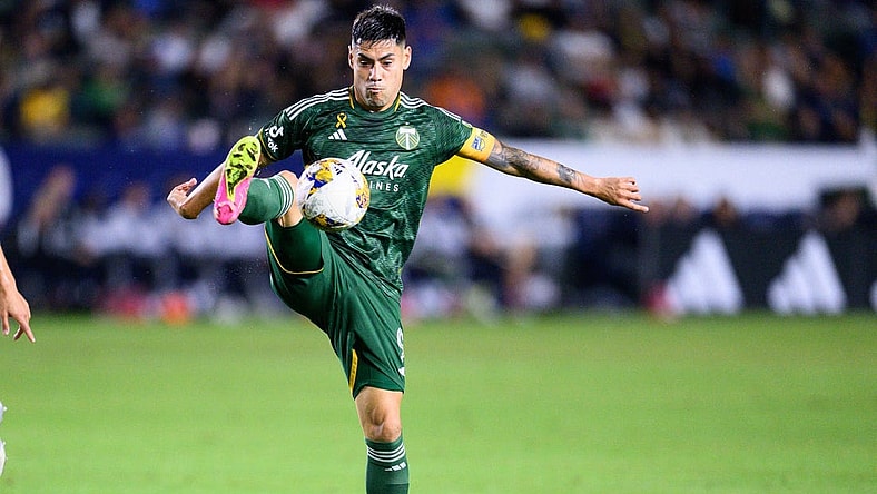 Sep 30, 2023; Carson, California, USA; Portland Timbers forward Felipe Mora (9) handles the ball during the first half at Dignity Health Sports Park. Mandatory Credit: Kelvin Kuo-USA TODAY Sports
