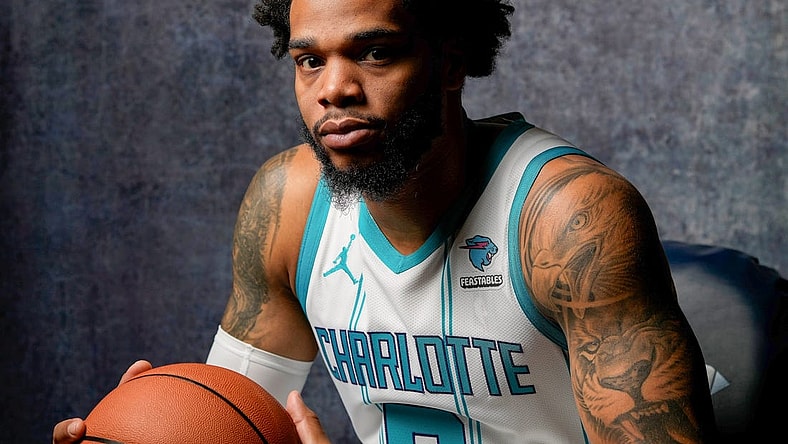 Oct 2, 2023; Charlotte, North Carolina, USA;  Charlotte Hornets Miles Bridges (0) poses for a photo during Charlotte Hornets Media Day at the Spectrum Center. Mandatory Credit: Jim Dedmon-USA TODAY Sports