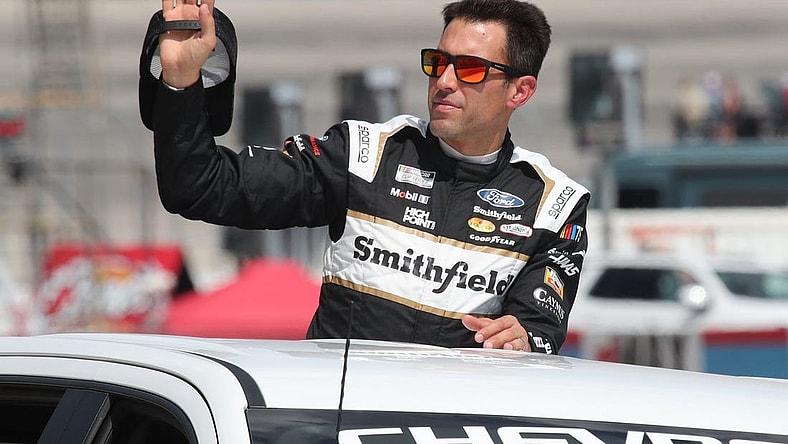 Sep 24, 2023; Fort Worth, Texas, USA;  NASCAR Cup Series driver Aric Almirola (10) during driver introductions before the AutoTrader EcoPark Automotive 400 at Texas Motor Speedway. Mandatory Credit: Michael C. Johnson-USA TODAY Sports