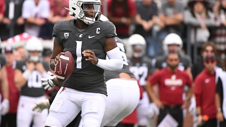 Sep 23, 2023; Pullman, Washington, USA; Washington State Cougars quarterback Cameron Ward (1) throws a pass against the Oregon State Beavers in the first half at Gesa Field at Martin Stadium. Mandatory Credit: James Snook-USA TODAY Sports