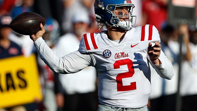 Sep 23, 2023; Tuscaloosa, Alabama, USA; Mississippi Rebels quarterback Jaxson Dart (2) against the Alabama Crimson Tide during the second half of a football game at Bryant-Denny Stadium. Mandatory Credit: Butch Dill-USA TODAY Sports
