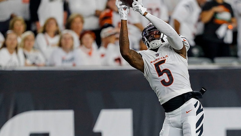 Sep 25, 2023; Cincinnati, Ohio, USA; Cincinnati Bengals wide receiver Tee Higgins (5) catches a pass against the Los Angeles Rams in the first half at Paycor Stadium. Mandatory Credit: Katie Stratman-USA TODAY Sports